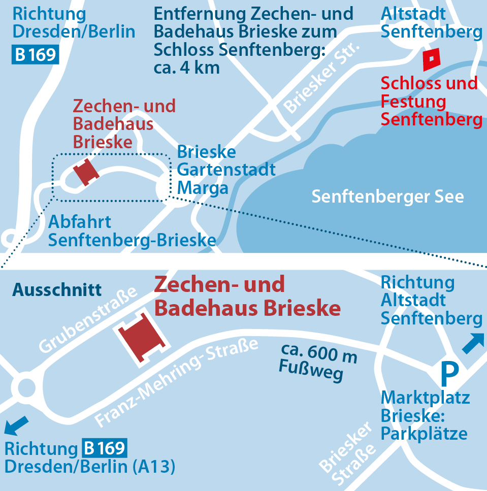 Anfahrtsskizze Zechen- udn Badehaus Brieske.